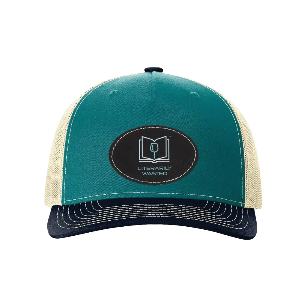 Literarily Wasted Baseball Trucker Hat w/ Leather Patch, Blue Teal / Birch / Navy - Image 1